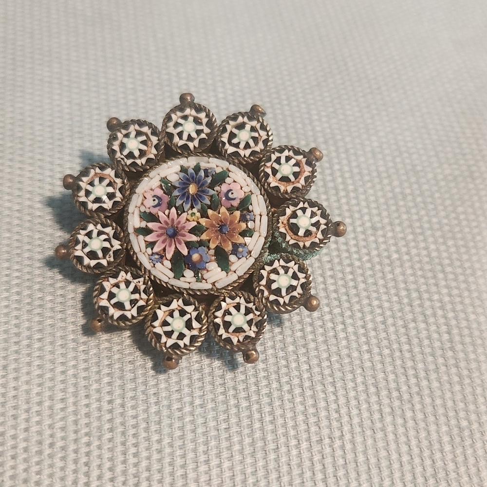 Vintage Antique Micro Mosaic Pin, Flowers And Stars